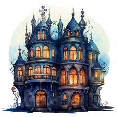 Fototapeta premium Whimsical Haunted Mansion with Glowing Windows, Halloween Night