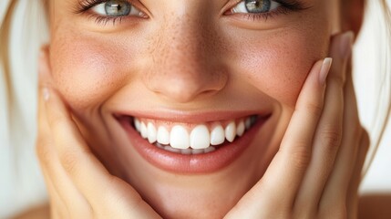 Obraz premium Close up of woman's smiling face with freckles, showing off her white teeth.