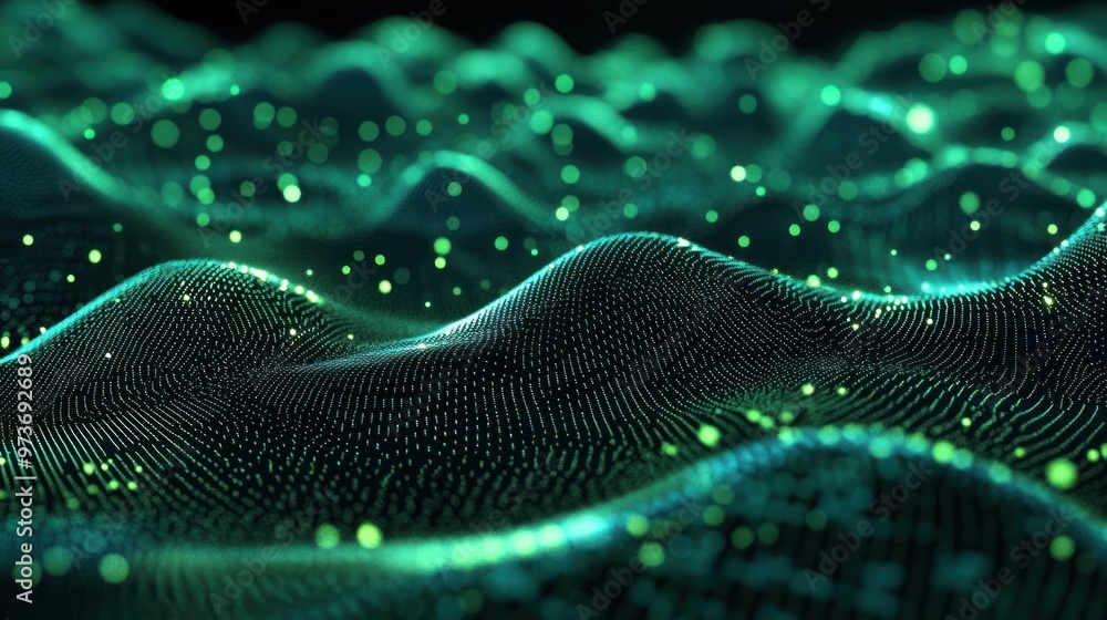 Poster abstract green digital wave background with glowing particles.