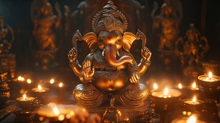 Fototapeta premium Lord Ganesha idol with diya lamps glowing softly around, evoking a divine and peaceful atmosphere.