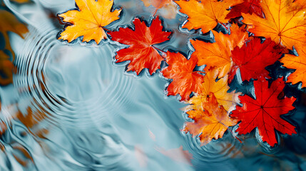 cluster of vibrant orange and red maple leaves resting on the surface of a pond