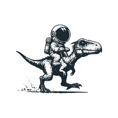 Cute astronaut riding a dinosaur. Black white vector. Icon and logo illustration.
