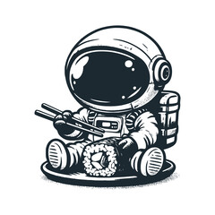 Cute astronaut eating sushi. Black white vector. Icon and logo illustration.