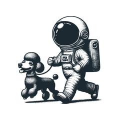 Cute astronaut playing with his poodle dog. Black white vector icon and logo illustration.