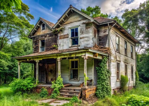 Abandoned, dilapidated dwelling with broken windows, overgrown yard, and rundown porch, conveying a sense of neglect,