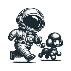 Cute astronaut playing with his poodle dog. Black white vector icon and logo illustration.