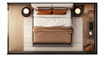 Naklejka premium Top view of a bedroom with a bed, nightstands, a chair, and a rug.