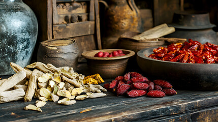 collection of dried Chinese herbs like angelica root and red dates, used for herbal medicine