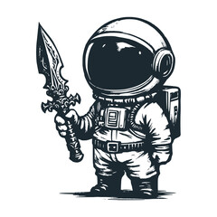 Cute astronaut hold a ancient sword. Black white vector. Icon and logo illustration.