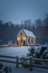 Quaint church in a picturesque snowy setting, adorned with Christmas decorations highlighting its charm