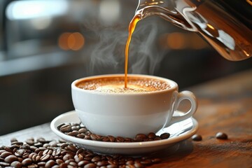 Coffee Pouring into White Mug on a Bed of Coffee Beans