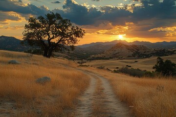 Obraz premium Sunset Over Rolling Hills with a Winding Dirt Road