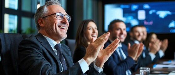 Business People Clapping and Applauding, Meeting Room, Team Success, Corporate Celebration