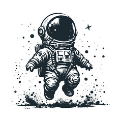 Cute astronaut floating on sky. Black white vector. Icon and logo illustration.