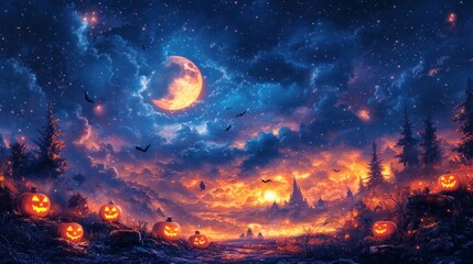 Fototapeta premium A spooky Halloween landscape with pumpkins under a glowing moon.
