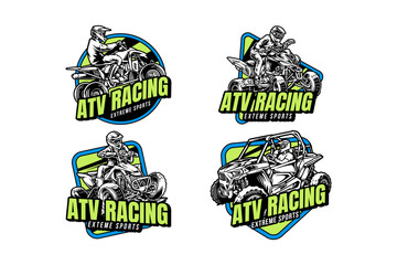 off road and ATV rider logo design collection for extreme sport and adventure. all terrain vehicle 4x4 quad racing emblem logo set. ATV standing speed sport badge logo illustration bundle