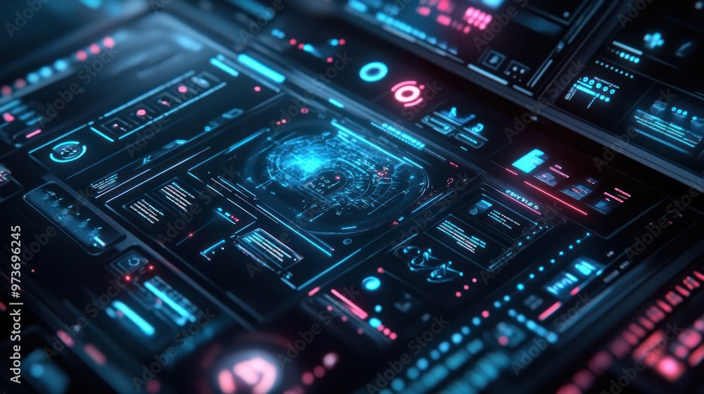 Poster an abstract interface design showcasing a blend of touch-sensitive screens and digital overlays for 