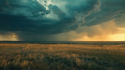 Obraz premium Dark clouds delivering intense rainfall over the vast open fields.