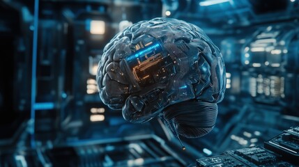 A futuristic, metallic brain with circuitry and glowing blue lights, against a dark blue, mechanical background.