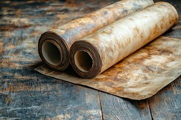 Two Rolled-Up Pieces of Aged Paper on a Wooden Surface