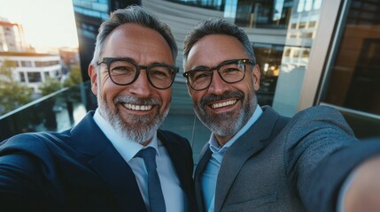 Two smiling businessmen in suits take a selfie outdoors.