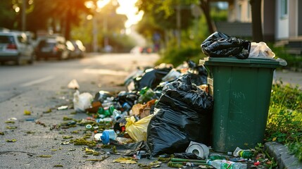 Fototapeta premium Street Dump Pollution: Full Garbage Bin, Black Plastic Trash Bags, Overflowing Recycling Container with Trash – Green Recycle Can – Vector Illustration