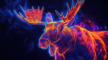 Majestic neon moose glowing brightly against a dark background, with its impressive antlers and luminous body