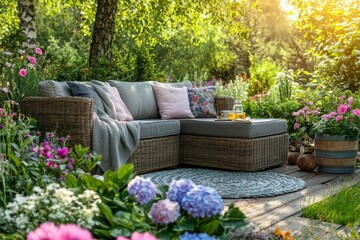 Wicker Sectional Sofa with Cushions and Blanket in a Lush Garden