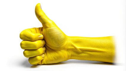 A bright yellow hand with the thumb and index finger extended in a friendly, ok-like gesture, isolated on