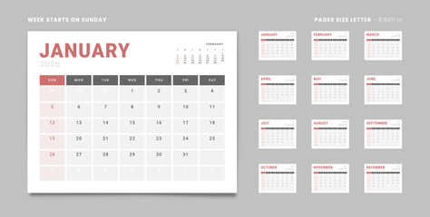 Set of 12 Pages Monthly Calendar Planner Templates on 2025 year. Vector mockup of a wall or desktop calendar with the week start on Sunday for print in grey and red color. Pages size Letter -8.5x11 in