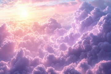 A Sunlit Sky with Fluffy Purple and White Clouds