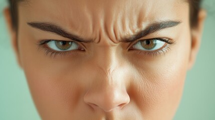 Close-up portrait of a woman with angry expression. Her eyes are wide open, brows furrowed, and lips pursed.