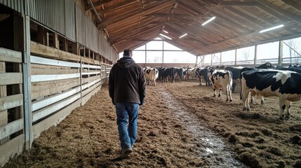 Farmer walks through a barn with cows in the background.