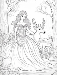 Fototapeta premium Coloring page of a beautiful princess in an enchanted forest, with long hair and a gown, accompanied by deer or rabbits