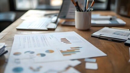 A Close-Up View of Financial Reports and Charts on a Wooden Desk
