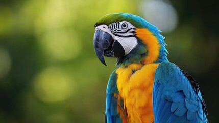 Obraz premium Close-up portrait of a vibrant blue and yellow macaw parrot against a green blurred background.
