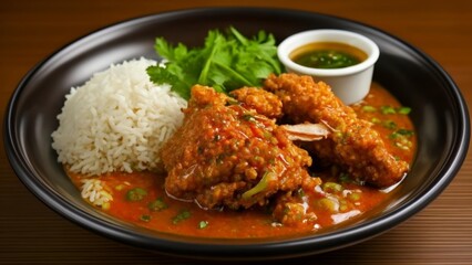Fototapeta premium Delicious Asian cuisine with rice and sauce