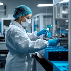 Naklejka premium Technician inspecting medical devices for compliance with safety standards, medical device QC, healthcare quality control
