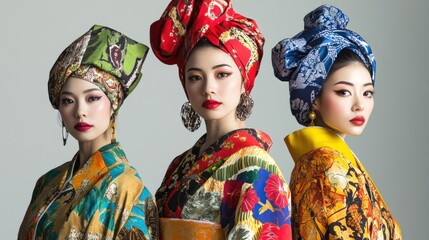 Fototapeta premium Three women wearing colorful headscarves and kimonos with dramatic makeup.