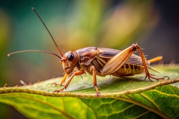 A close-up of a household cricket, Acheta domesticus, perched on a leaf, its brown body and long antennae