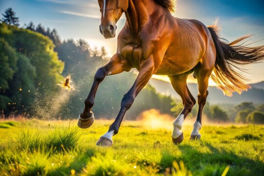 A close-up of a horse's legs and belly, swishing its tail to swat away a pesky cleg fly