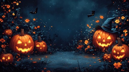 Spooky Halloween scene with glowing pumpkins and dark foliage.