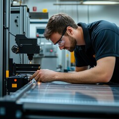 Technician checking product alignment with a laser level on a manufacturing floor, precision alignment, accuracy in production