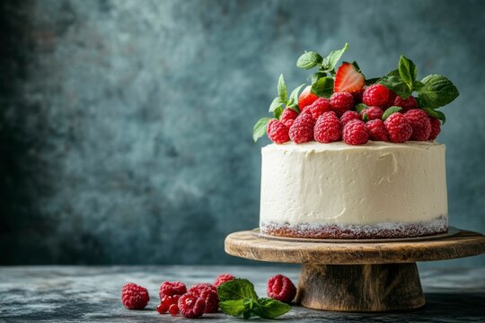 White Cake Topped with Raspberries and Mint on a Wooden Cake Stand