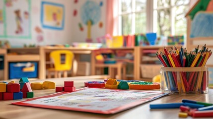 Colorful crayons and building blocks on a wooden table in a classroom.