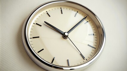 A close-up of a retro-style analog clock face with bold silver numbers and minimalist design, set against a