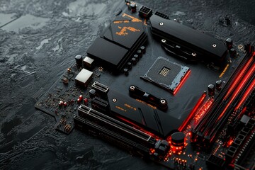 Black Motherboard with Red LED Lighting and CPU Socket