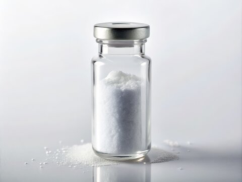 A close-up of a savory snack food ingredient, e631, also known as disodium inosinate, in a small glass