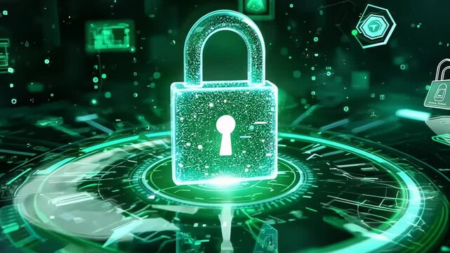 Glowing green padlock rotates in digital space. Holographic interface surrounds with geometric shapes, mini-maps, and data visualizations. 