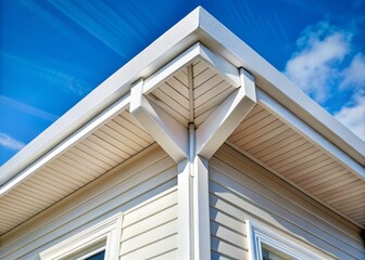 Fototapeta premium A close-up of new roof fascia boards, freshly painted white, with clean lines and smooth texture, installed on